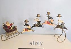 Vtg Brass Santa Sleigh Reindeer Candle Holder 30 Mantle Fireplace Christmas