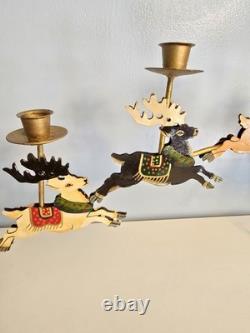 Vtg Brass Santa Sleigh Reindeer Candle Holder 30 Mantle Fireplace Christmas