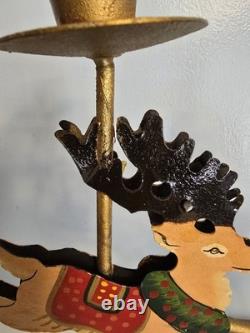 Vtg Brass Santa Sleigh Reindeer Candle Holder 30 Mantle Fireplace Christmas