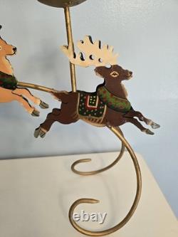 Vtg Brass Santa Sleigh Reindeer Candle Holder 30 Mantle Fireplace Christmas