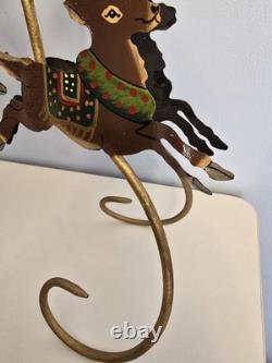 Vtg Brass Santa Sleigh Reindeer Candle Holder 30 Mantle Fireplace Christmas
