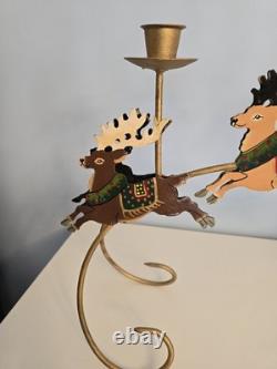 Vtg Brass Santa Sleigh Reindeer Candle Holder 30 Mantle Fireplace Christmas