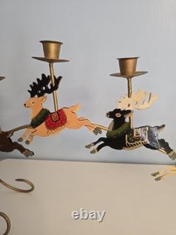 Vtg Brass Santa Sleigh Reindeer Candle Holder 30 Mantle Fireplace Christmas