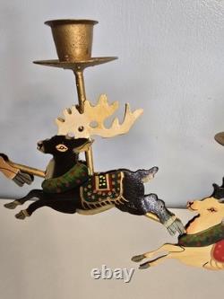 Vtg Brass Santa Sleigh Reindeer Candle Holder 30 Mantle Fireplace Christmas