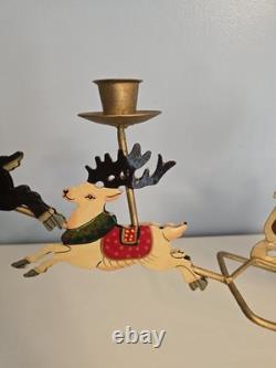 Vtg Brass Santa Sleigh Reindeer Candle Holder 30 Mantle Fireplace Christmas