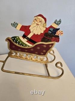 Vtg Brass Santa Sleigh Reindeer Candle Holder 30 Mantle Fireplace Christmas