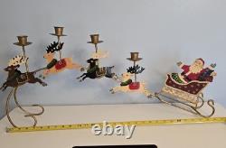 Vtg Brass Santa Sleigh Reindeer Candle Holder 30 Mantle Fireplace Christmas