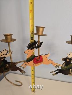 Vtg Brass Santa Sleigh Reindeer Candle Holder 30 Mantle Fireplace Christmas