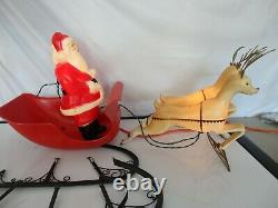 Vtg Brite Star Santa Sleigh and Reindeer Blow Mold Plastic 1950's RARE Works