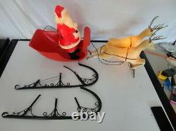 Vtg Brite Star Santa Sleigh and Reindeer Blow Mold Plastic 1950's RARE Works