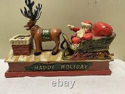 Vtg Cast Iron Mechanical HAPPY HOLIDAY Coin Bank Santa Sleigh & Reindeer