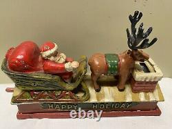 Vtg Cast Iron Mechanical HAPPY HOLIDAY Coin Bank Santa Sleigh & Reindeer