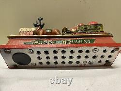 Vtg Cast Iron Mechanical HAPPY HOLIDAY Coin Bank Santa Sleigh & Reindeer