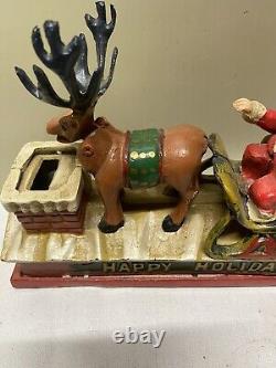 Vtg Cast Iron Mechanical HAPPY HOLIDAY Coin Bank Santa Sleigh & Reindeer