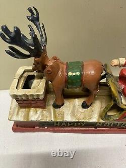 Vtg Cast Iron Mechanical HAPPY HOLIDAY Coin Bank Santa Sleigh & Reindeer