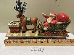 Vtg Cast Iron Mechanical HAPPY HOLIDAY Coin Bank Santa Sleigh & Reindeer