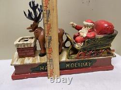 Vtg Cast Iron Mechanical HAPPY HOLIDAY Coin Bank Santa Sleigh & Reindeer