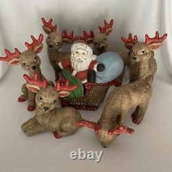 Vtg Ceramic Santa Sleigh & Reindeer Christmas Quilted Kimple HTF Large