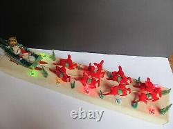 Vtg Christmas Display -Carillon, Santa Sleigh and 8 Red Flocked Reindeer Japan