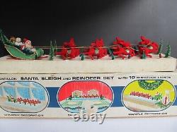 Vtg Christmas Display -Carillon, Santa Sleigh and 8 Red Flocked Reindeer Japan
