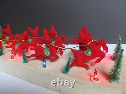 Vtg Christmas Display -Carillon, Santa Sleigh and 8 Red Flocked Reindeer Japan