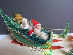 Vtg Christmas Display -Carillon, Santa Sleigh and 8 Red Flocked Reindeer Japan