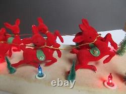 Vtg Christmas Display -Carillon, Santa Sleigh and 8 Red Flocked Reindeer Japan