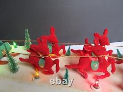 Vtg Christmas Display -Carillon, Santa Sleigh and 8 Red Flocked Reindeer Japan