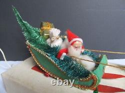Vtg Christmas Display -Carillon, Santa Sleigh and 8 Red Flocked Reindeer Japan