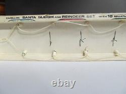 Vtg Christmas Display -Carillon, Santa Sleigh and 8 Red Flocked Reindeer Japan