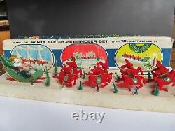 Vtg Christmas Display -Carillon, Santa Sleigh and 8 Red Flocked Reindeer Japan