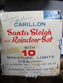 Vtg Christmas Display -Carillon, Santa Sleigh and 8 Red Flocked Reindeer Japan