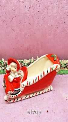 Vtg Christmas Shopper WAVING GIRL Holly Candy Cane Sleigh TWO PRANCING REINDEER