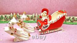 Vtg Christmas Shopper WAVING GIRL Holly Candy Cane Sleigh TWO PRANCING REINDEER