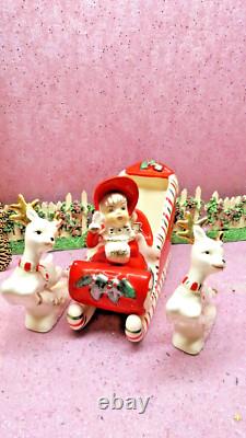Vtg Christmas Shopper WAVING GIRL Holly Candy Cane Sleigh TWO PRANCING REINDEER