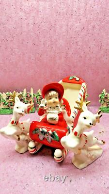 Vtg Christmas Shopper WAVING GIRL Holly Candy Cane Sleigh TWO PRANCING REINDEER