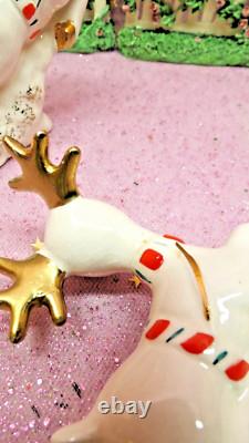 Vtg Christmas Shopper WAVING GIRL Holly Candy Cane Sleigh TWO PRANCING REINDEER