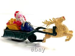 Vtg Christmas celluloid viscoloid Santa Claus on Sleigh Reindeer toy bell japan