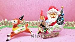 Vtg DICKSON Holly Berry Christmas SANTA SLEIGH WITH Rudolph REINDEER TREES BELLS