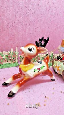 Vtg DICKSON Holly Berry Christmas SANTA SLEIGH WITH Rudolph REINDEER TREES BELLS