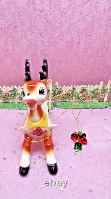 Vtg DICKSON Holly Berry Christmas SANTA SLEIGH WITH Rudolph REINDEER TREES BELLS