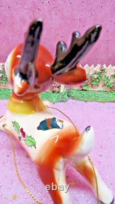 Vtg DICKSON Holly Berry Christmas SANTA SLEIGH WITH Rudolph REINDEER TREES BELLS