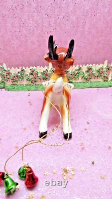 Vtg DICKSON Holly Berry Christmas SANTA SLEIGH WITH Rudolph REINDEER TREES BELLS