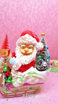 Vtg DICKSON Holly Berry Christmas SANTA SLEIGH WITH Rudolph REINDEER TREES BELLS