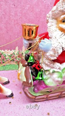 Vtg DICKSON Holly Berry Christmas SANTA SLEIGH WITH Rudolph REINDEER TREES BELLS