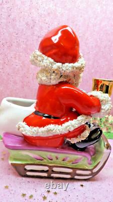 Vtg DICKSON Holly Berry Christmas SANTA SLEIGH WITH Rudolph REINDEER TREES BELLS