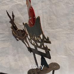 Vtg Folk Art Pendulum Metal Balance Toy Santa Sleigh & Reindeer with Stand 15.5