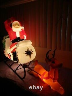 Vtg HUGE Santa's Sleigh & Reindeer with Antlers Lighted Christmas Blow Mold Decor