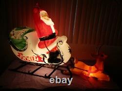 Vtg HUGE Santa's Sleigh & Reindeer with Antlers Lighted Christmas Blow Mold Decor