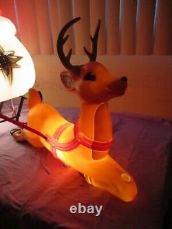 Vtg HUGE Santa's Sleigh & Reindeer with Antlers Lighted Christmas Blow Mold Decor